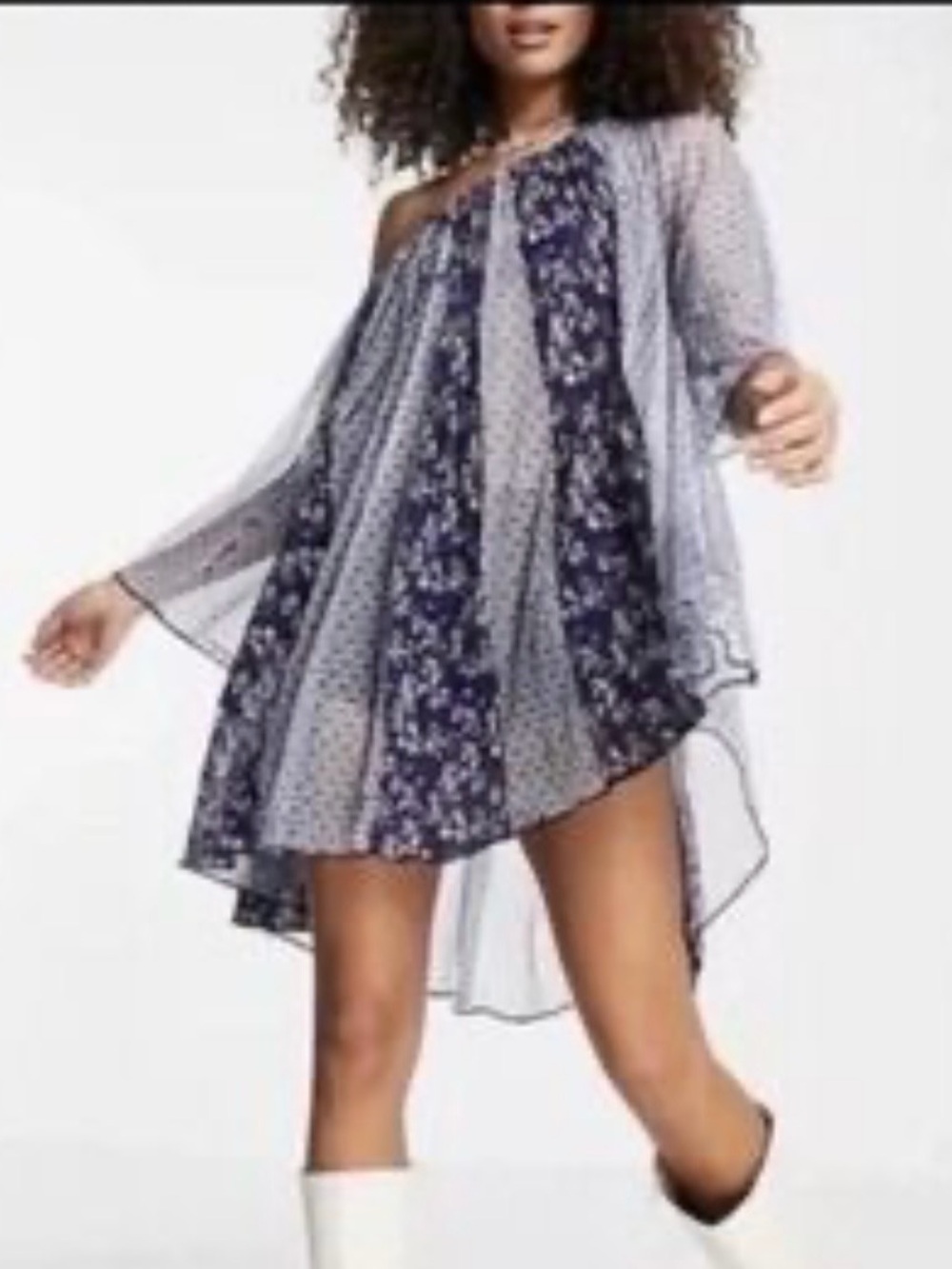 Free people chiffon BohoWomen’s Navy Blue One-Shoulder Patterned Dress XL